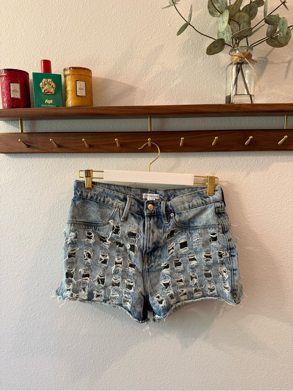 Good American Light Blue Distressed Lattice Denim Shorts